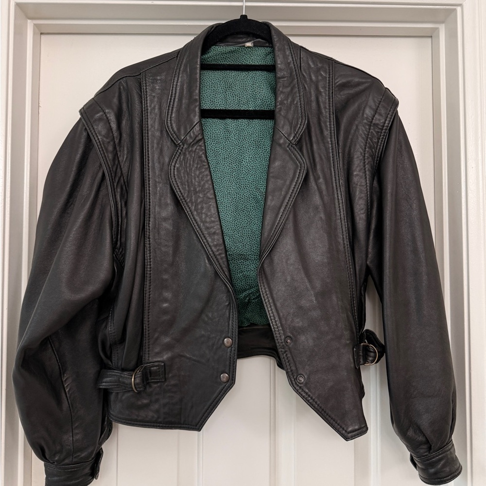 Vintage Black leather cropped biker bomber jacket from Paris